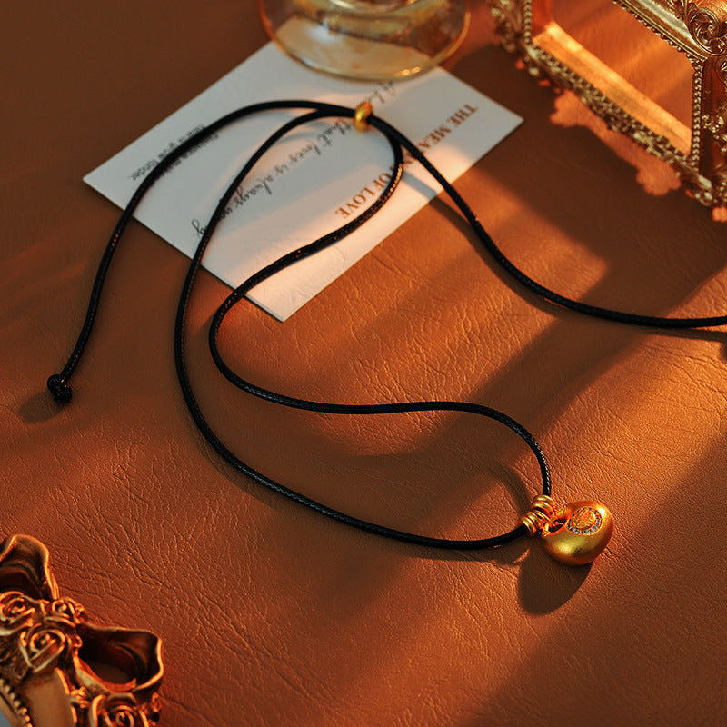 Hot-Selling Versatile Zircon 'Fu' Character Lock Bag Necklace Solid 'Fu' Character Luxurious Black Rope 'Fu' Bag Peace and Joy Sweater Chain for Women