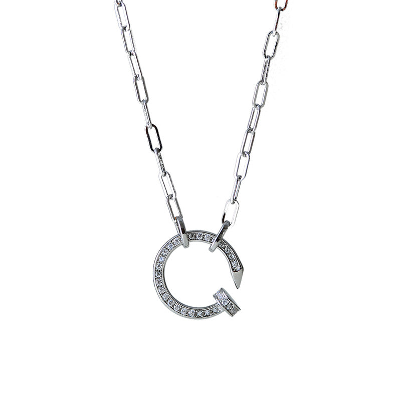 Chunky Nail Necklace for Women Full Diamond Round Ring Clavicle Chain Pure Silver Ins Trendy Men's Elegant Personality Versatile