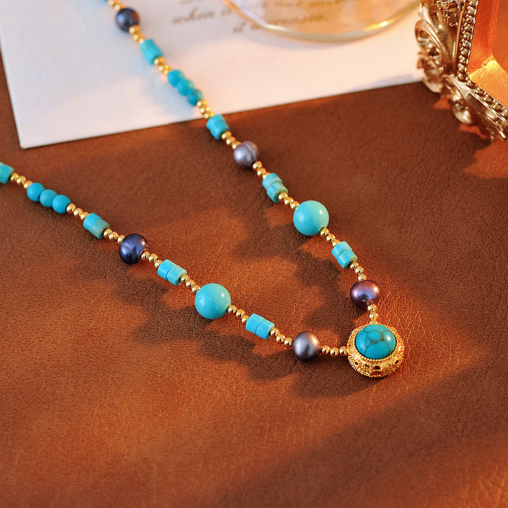 Original Design New Chinese Style Retro Green Pine Pendant Necklace Manta Rose Purple Pearl Sweater Chain