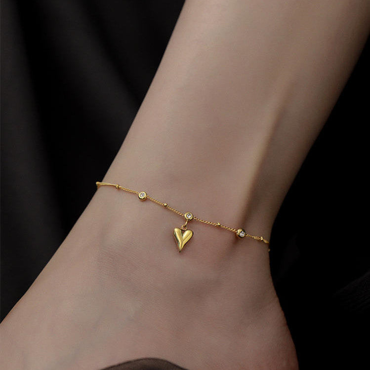 Simple Versatile Heart Zircon Anklet for Women, Light Luxury High-End Niche Design 2025 New Model 18K Gold Plated Anklet
