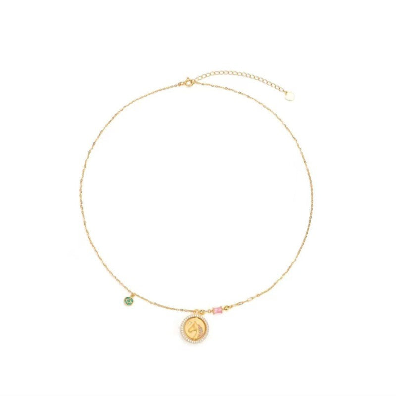 New Chinese Style Pure Silver Pony Necklace Zodiac Pendant Pure Silver Clavicle Chain National Style Set Chain Double-Sided Wear