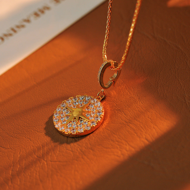 European and American New Style Compass Round Inlaid Diamond Eight-Pointed Star Pendant Cross-Border Light Luxury Style Women's Collarbone Chain One Piece