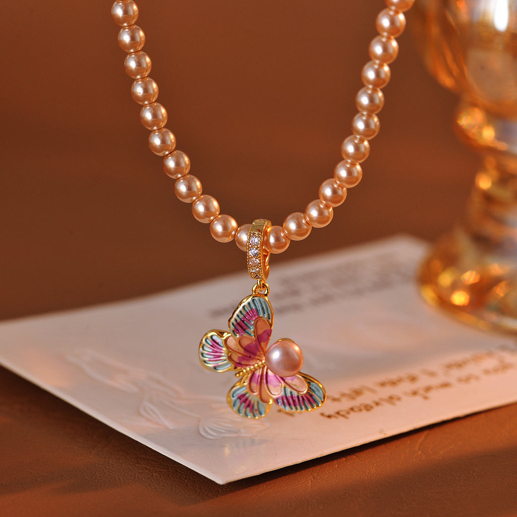 Perfect Round Strong Light Pearl Necklace for Women Fashion High-end Design Enamel Drop Glaze Colorful Butterfly Collarbone Chain
