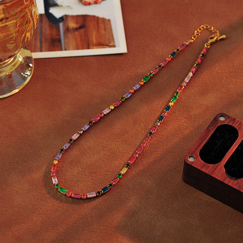 Light Luxury Square Colorful Zircon Necklace High-end Dopamine Simple Niche Hand Buckle Hand Jewelry for Women A10197