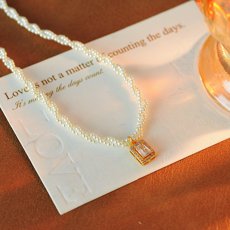 Double Layer Stacked Xiaomi Pearl Small Sugar Cube Necklace Collarbone Chain Light Luxury Niche New Hot-Selling Pendant