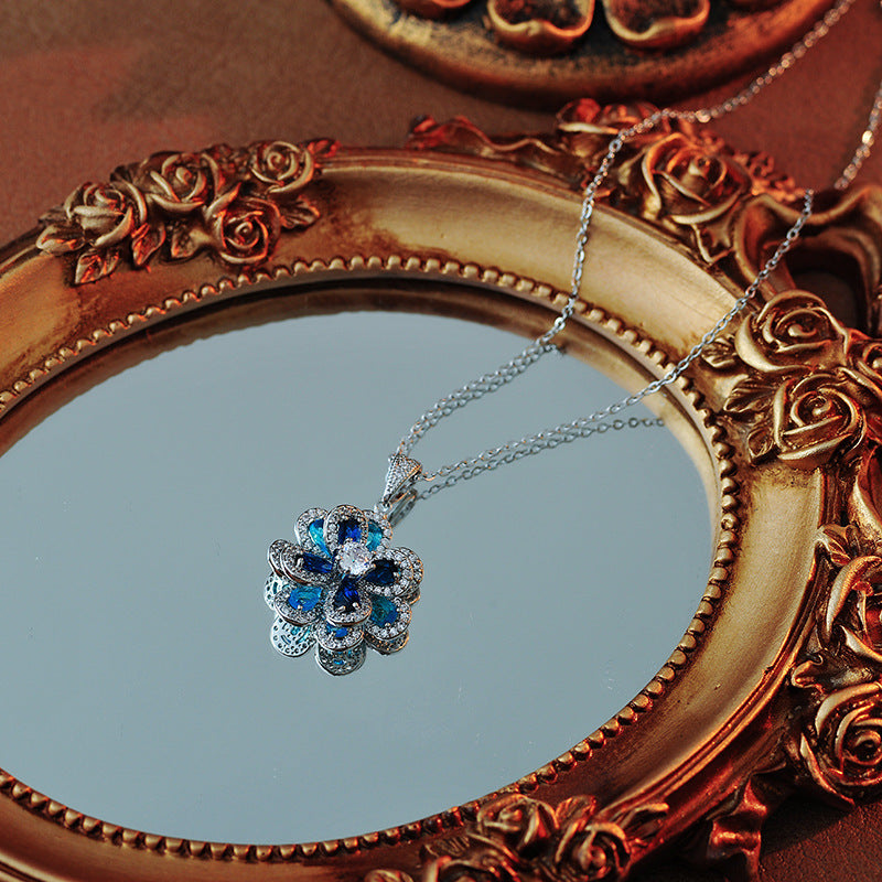 European and American Style Colorful Blue Zircon Flower Necklace Simple Three-Dimensional Camellia Pendant