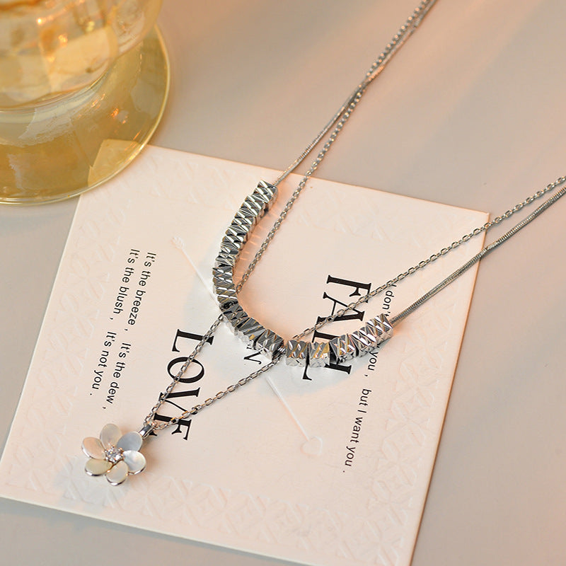 Light Luxury Niche Square Double Layer Stacked Flower Necklace Simple Elegant High-end Versatile Collarbone Chain Qixi Festival Gift