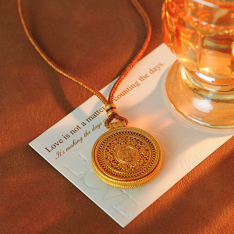 Wei Xue Same Style Enamel Ancient Filigree Ruyi Eight Treasures Compass Pendant Braided Rope Exquisite Niche Necklace for Women