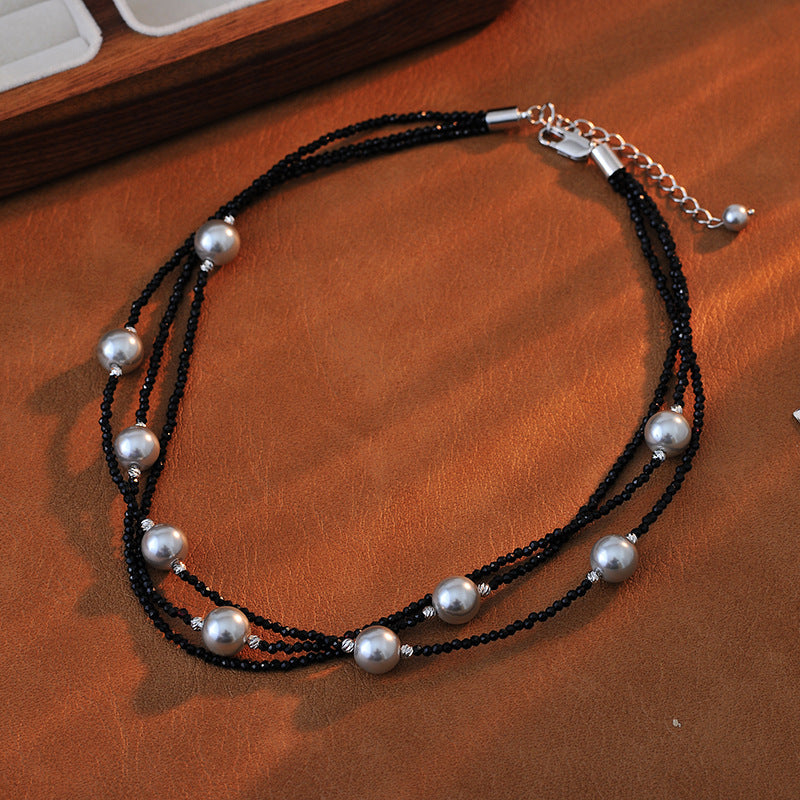 Fashion Versatile Exquisite Long Black Crystal Pearl Necklace Unique Design Double Layer Overlay Long Chain Multiple Wearing Styles