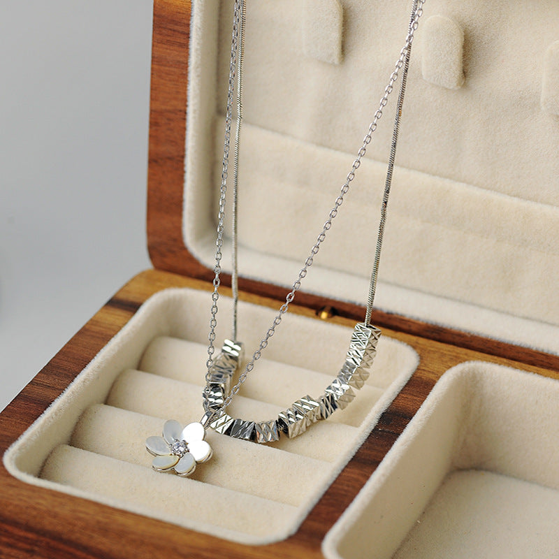 Light Luxury Niche Square Double Layer Stacked Flower Necklace Simple Elegant High-end Versatile Collarbone Chain Qixi Festival Gift