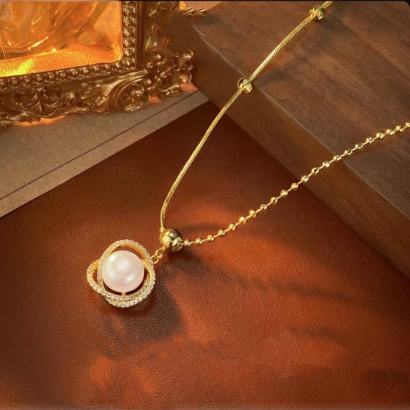 New Trendy Pearl Necklace Retro Elegant Simple Micro Inlaid Full Diamond Niche Design High-end Clavicle Chain
