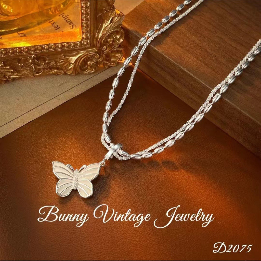 Silver Double Layer Butterfly Necklace Elegant Versatile High-end Gentle Sweet Fairy Niche Collarbone Chain A10134