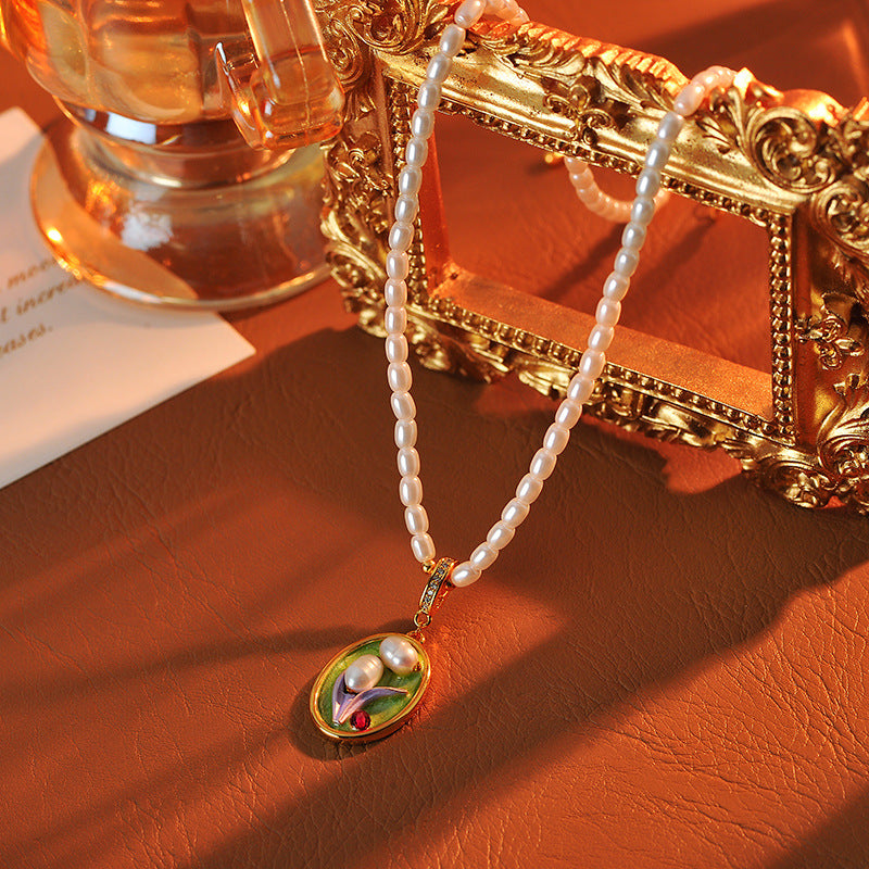 Oil Painting Baroque Pendant Necklace for Women New Chinese Style National Style Light Luxury Niche Artistic Retro Natural Pearl Collarbone Chain