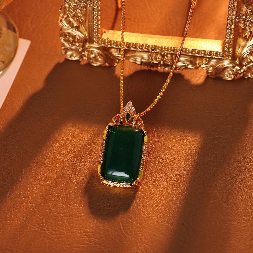 Emerald Necklace Original High-End New Chinese Style Square Pendant Necklace Design Sense Light Luxury Temperament
