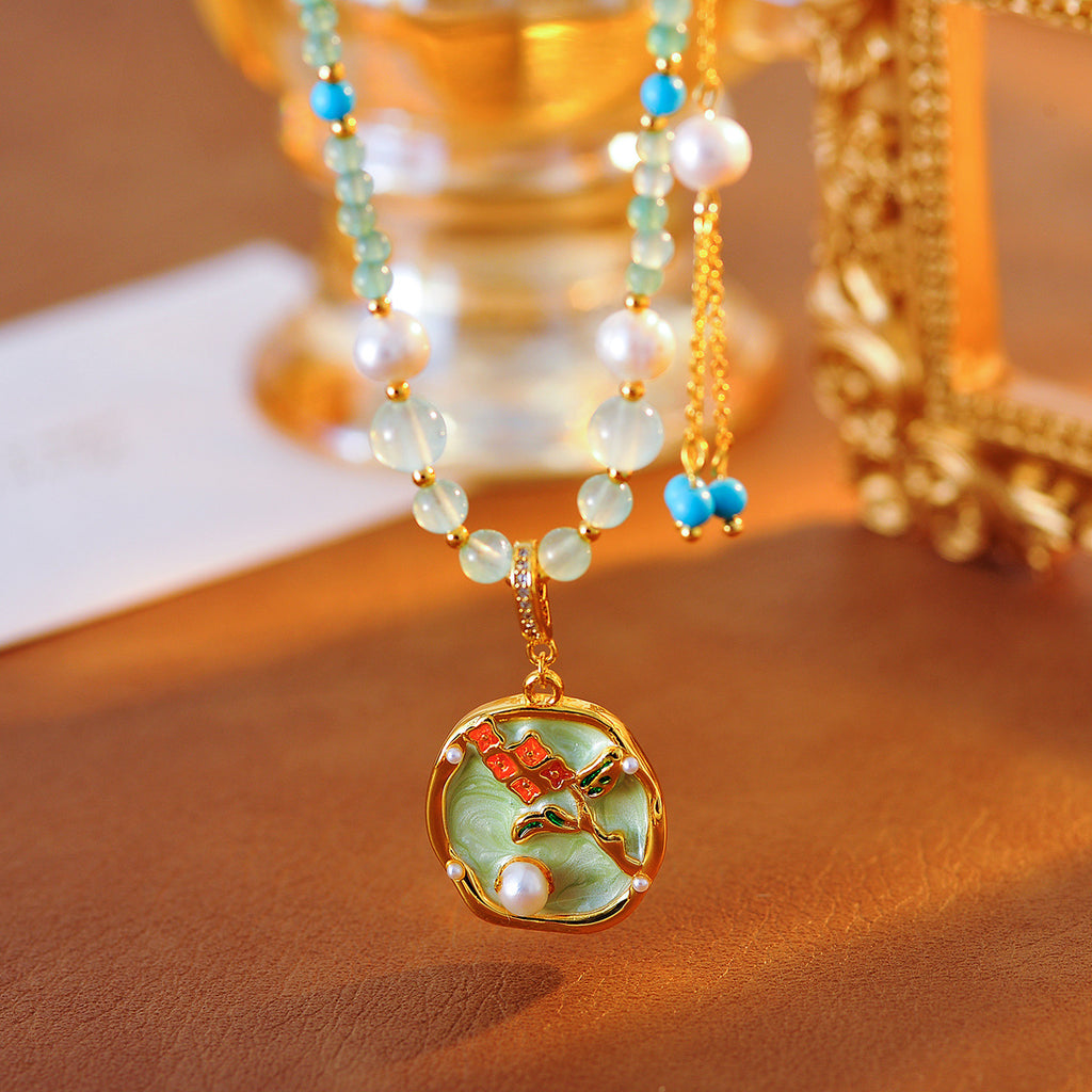 New Chinese Style 2025 Retro Glaze Flower Pearl Pendant Necklace High-End Niche Design Choker