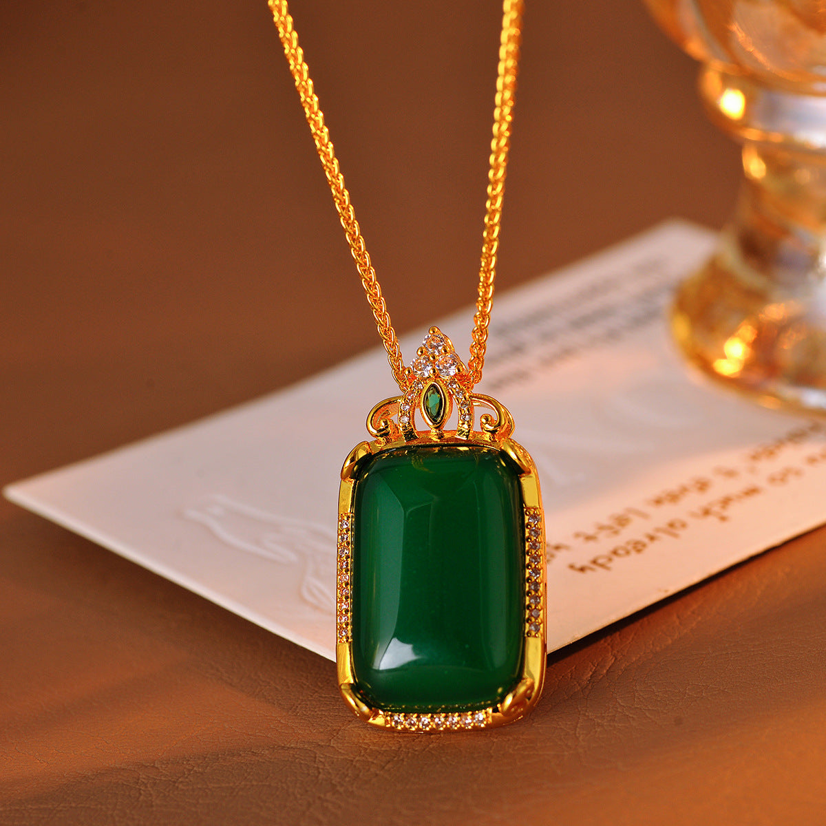 Emerald Necklace Original High-End New Chinese Style Square Pendant Necklace Design Sense Light Luxury Temperament