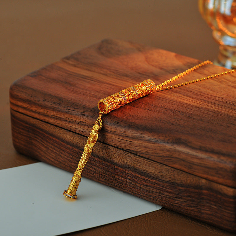 New Chinese Style Ancient Method Hollow Carved Inlaid Cylinder Necklace Eight Styles Portable Gold Buddha Necklace Prayer Wheel for Men and Women Couples