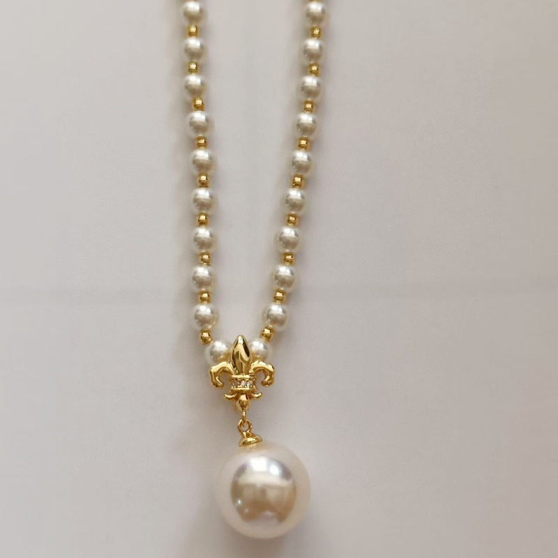French Iris Vintage Pearl Pendant Necklace for Women, Detachable Collarbone Chain, Neck Chain