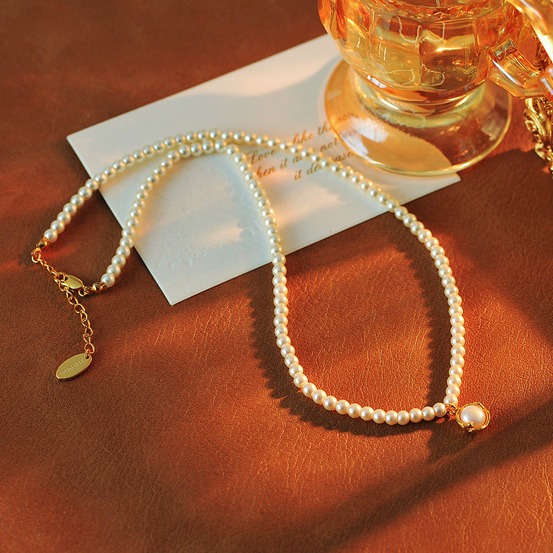 Korean Style New Shijia Necklace Metal Round Ring Freshwater Pearl Pendant Clavicle Chain Niche Design Sense Neck Chain