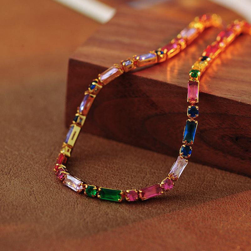 Light Luxury Square Colorful Zircon Necklace High-end Dopamine Simple Niche Hand Buckle Hand Jewelry for Women A10197