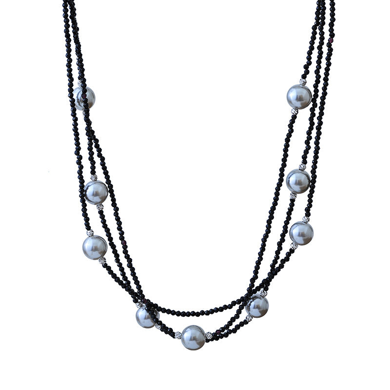 Fashion Versatile Exquisite Long Black Crystal Pearl Necklace Unique Design Double Layer Overlay Long Chain Multiple Wearing Styles