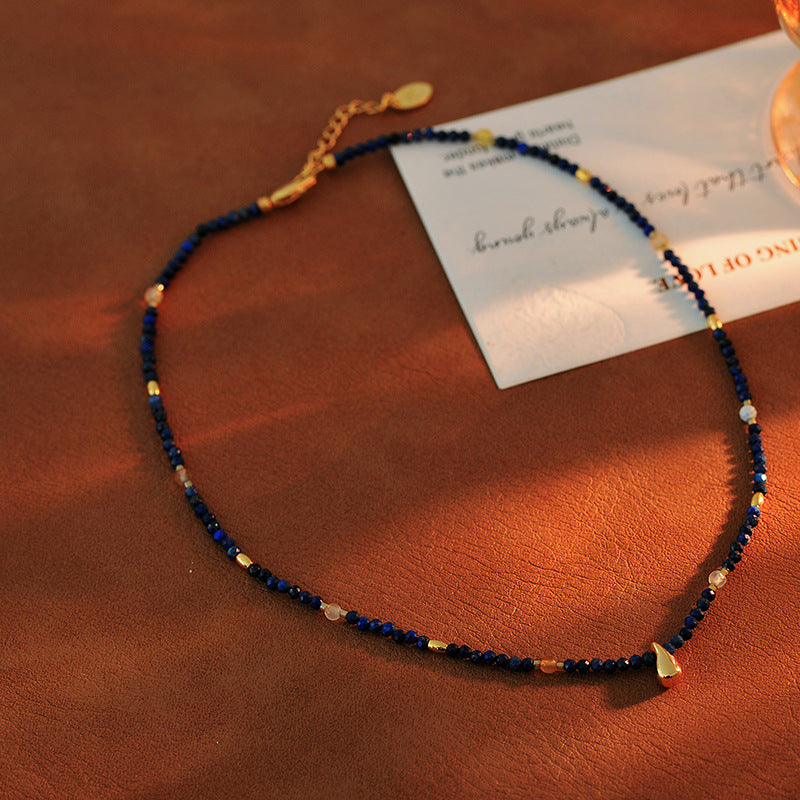 French Retro Natural Stone Beaded Necklace Niche Design Metal Water Drop Shape High-end Versatile Collarbone Chain