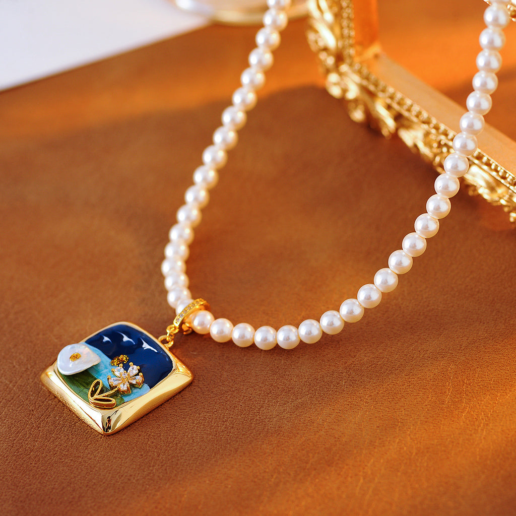 New Monet Garden Oil Painting Style High-end Necklace for Women Baroque Pearl Flower Necklace