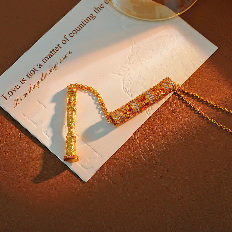 New Chinese Style Ancient Method Hollow Carved Inlaid Cylinder Necklace Eight Styles Portable Gold Buddha Necklace Prayer Wheel for Men and Women Couples