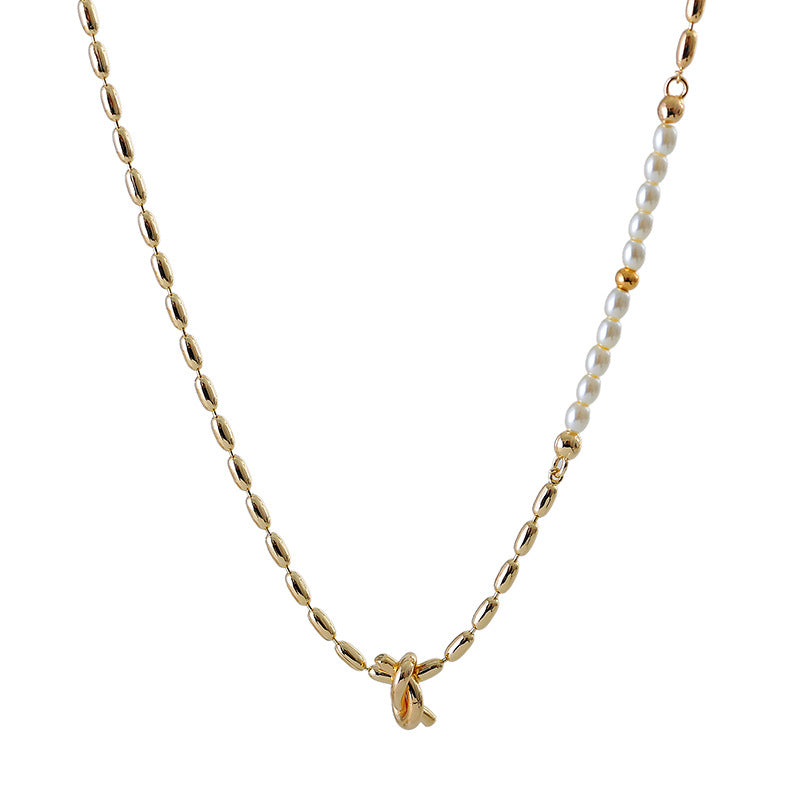 European and American Fashionable Elegant Pearl Knot Design Necklace Ins Trend Blogger Collarbone Chain One Piece