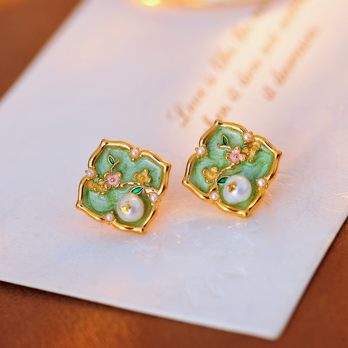 New Chinese Style Oil Drop Green Flower Necklace Niche Design Freshwater Pearl High-end Elegant Set