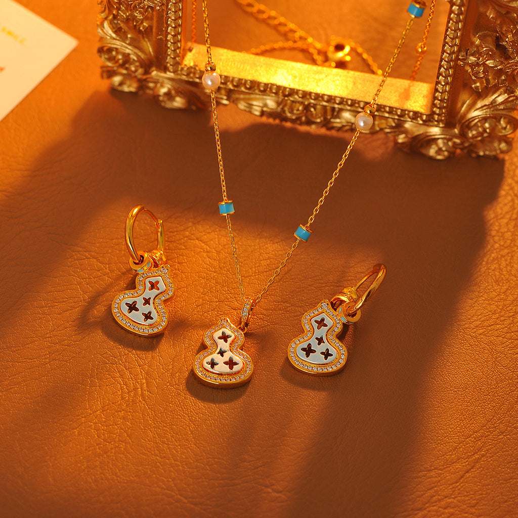 Japanese and Korean Simple New Micro Inlaid Zircon Blue Pine Gourd Pendant Necklace Exquisite Niche Gourd Earrings