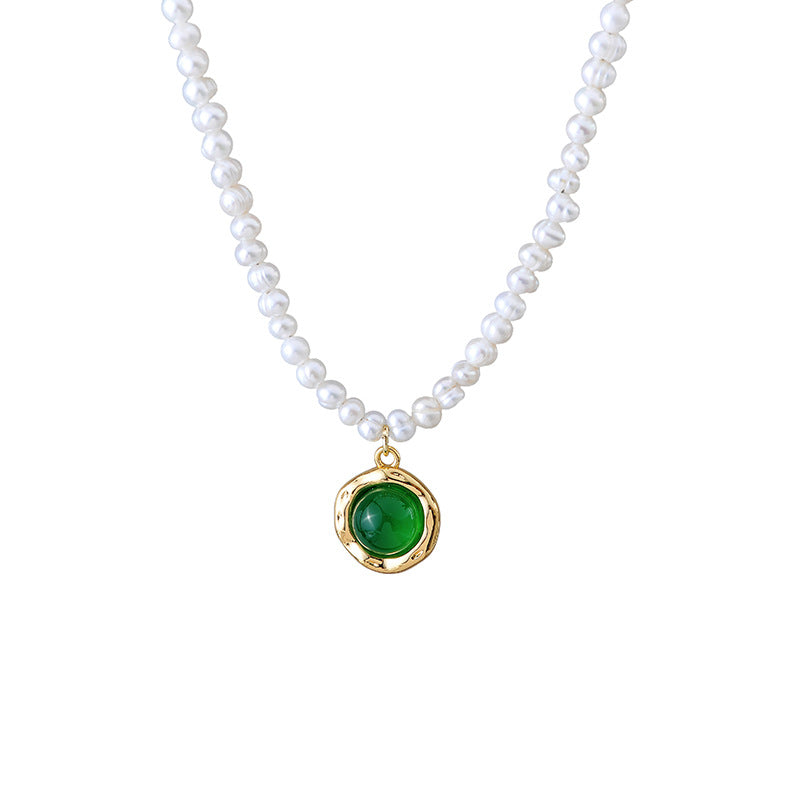 New Chinese Style Natural Green Chalcedony Shijia Pearl Necklace Elegant Fashion High-end Sense Neck Chain Clavicle Chain