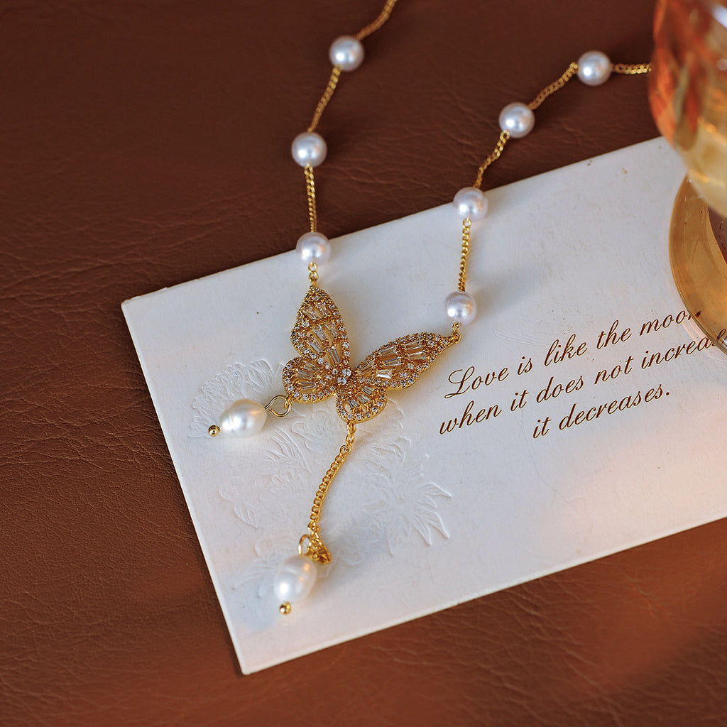 Freshwater Pearl Zircon Butterfly Necklace for Women French Retro Fashion Versatile Collarbone Chain Niche Jewelry