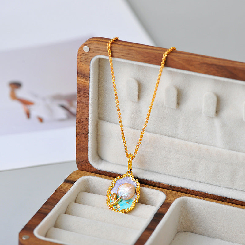 New Chinese Style Retro National Style Oil Painting Flower Pearl Gold Necklace Niche Vintage Light Luxury High-end Clavicle Chain