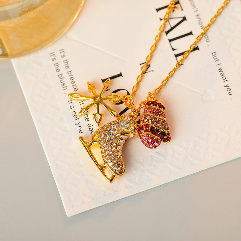 New Fashion Light Luxury Sweet Cute Zircon Inlaid Gloves Ice Skates Flower Niche Women's Necklace