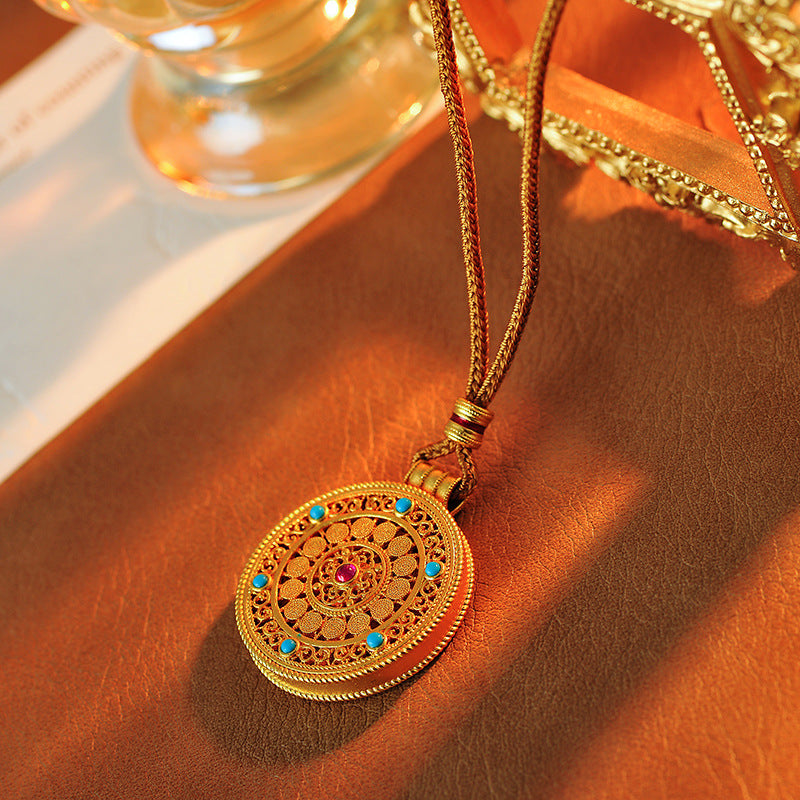 Wei Xue Same Style Enamel Ancient Filigree Ruyi Eight Treasures Compass Pendant Braided Rope Exquisite Niche Necklace for Women