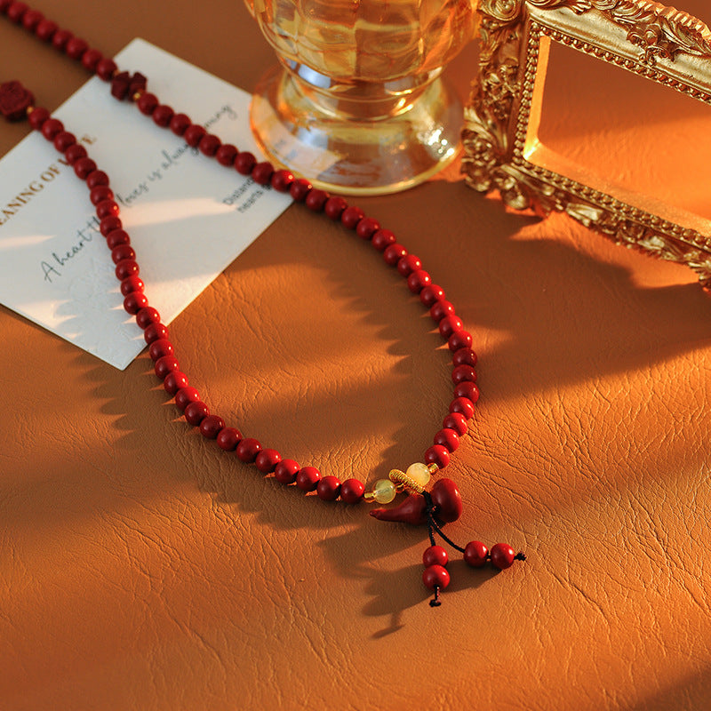 High Content Natural Cinnabar 6mm Bead Three Circle Bracelet Necklace Female Peace Gourd Long Bracelet Ethnic Style Purple Gold Sand