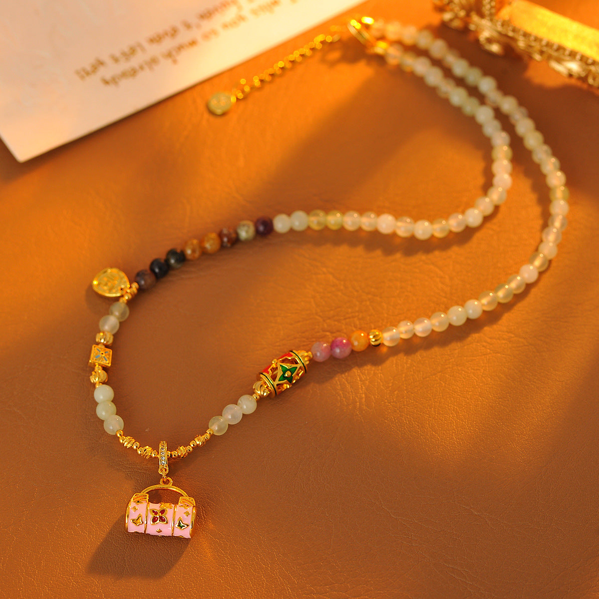 New Chinese Style Colorful Stone Necklace for Women Enamel Drop Glaze Lock Bag Pendant Neck Chain Light Luxury Exquisite Beaded Collarbone Chain