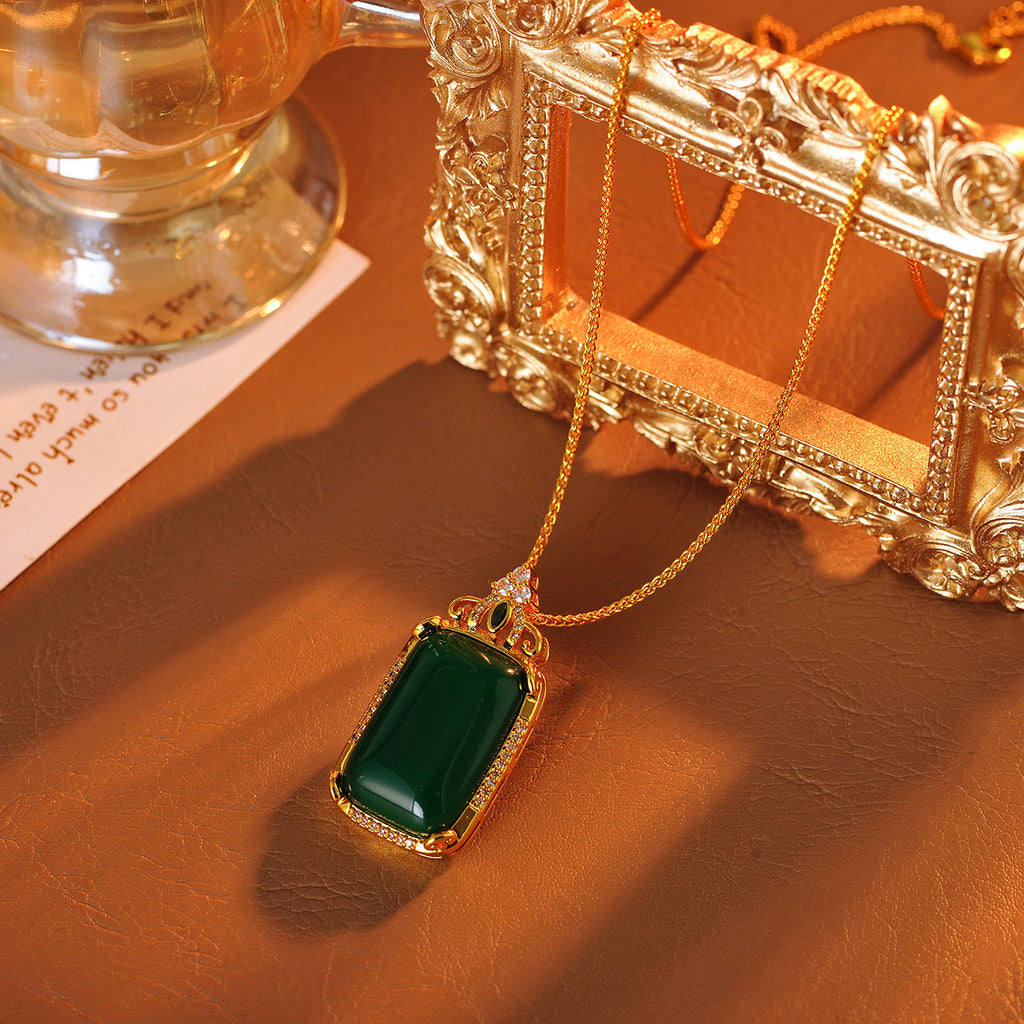 Emerald Necklace Original High-End New Chinese Style Square Pendant Necklace Design Sense Light Luxury Temperament