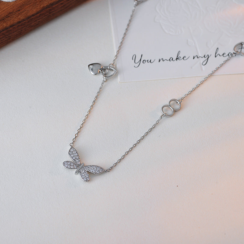 Cross-Border Hot Sale Butterfly Collarbone Chain Heart Pendant Exquisite Versatile High-End Full Diamond Necklace for Women