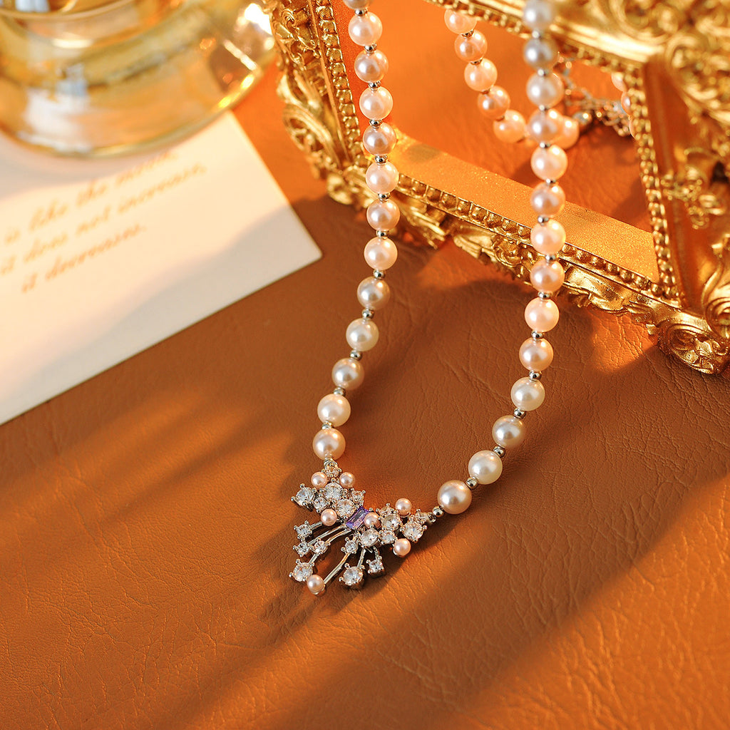 French Retro Shijia Pearl Necklace Light Luxury Niche Tassel Bowknot Choker Fashion Collarbone Chain