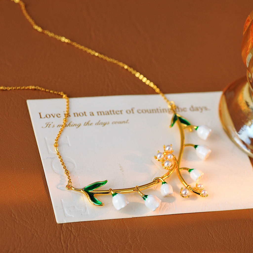 European and American Style Enamel Glaze Forest Style Sweet Plant Lily of the Valley Pearl Embellished Gentle Temperament Necklace