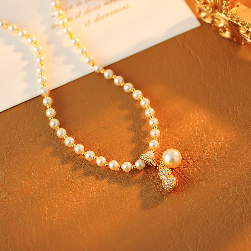 2025 New Real Gold Plated Good Things Peanut Pearl Necklace Light Luxury Niche Versatile Collarbone Chain for Women