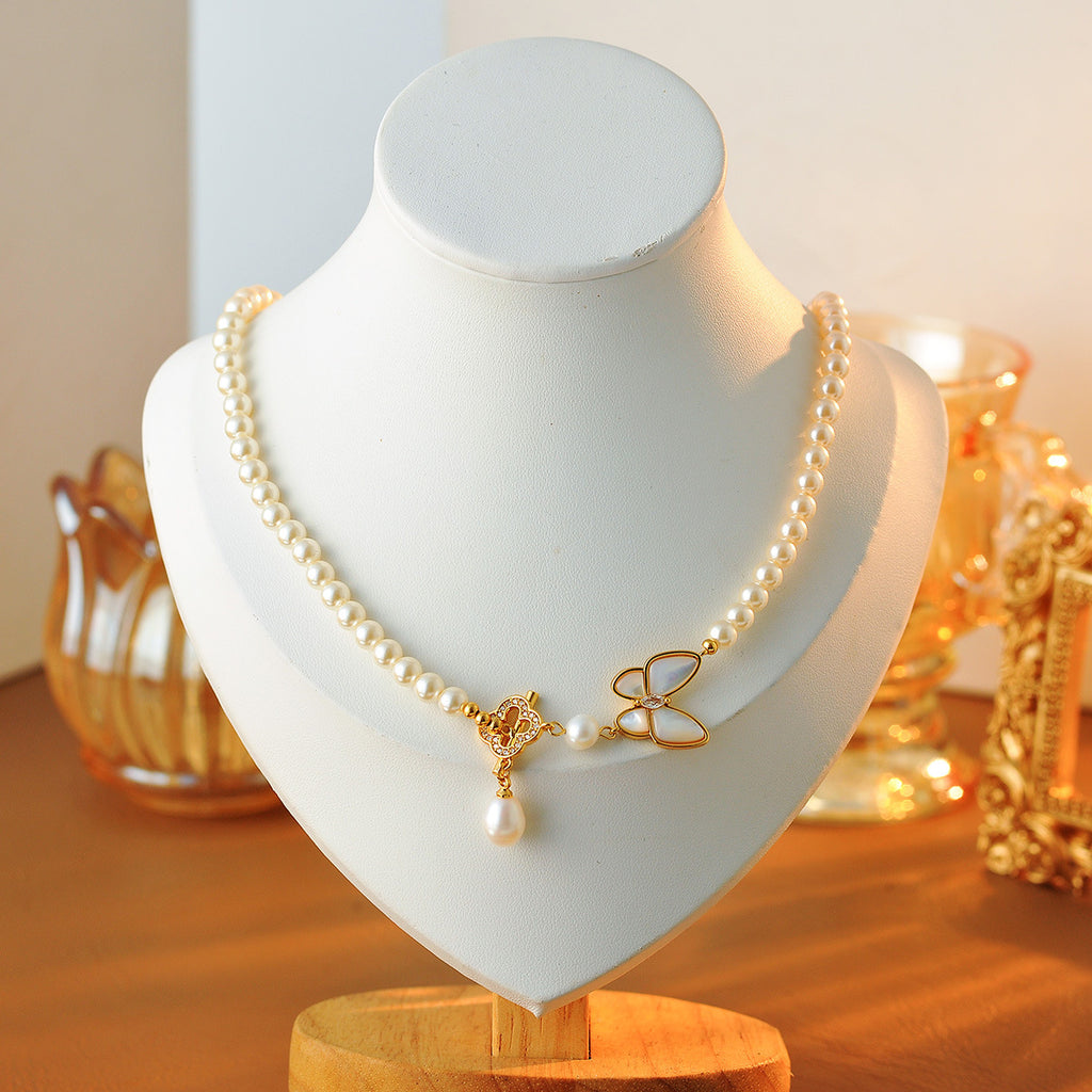 Natural Mother-of-Pearl Butterfly OT Buckle Slimming Pearl Necklace for Women New French Style Versatile Collarbone Chain