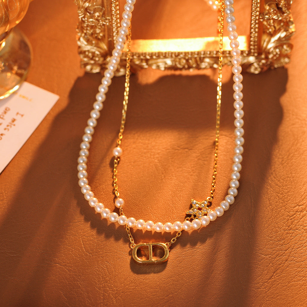 Pig Nose Bracelet Necklace Pearl Necklace New Light Luxury Fashion Letter Five-Star Double Layer Stacking