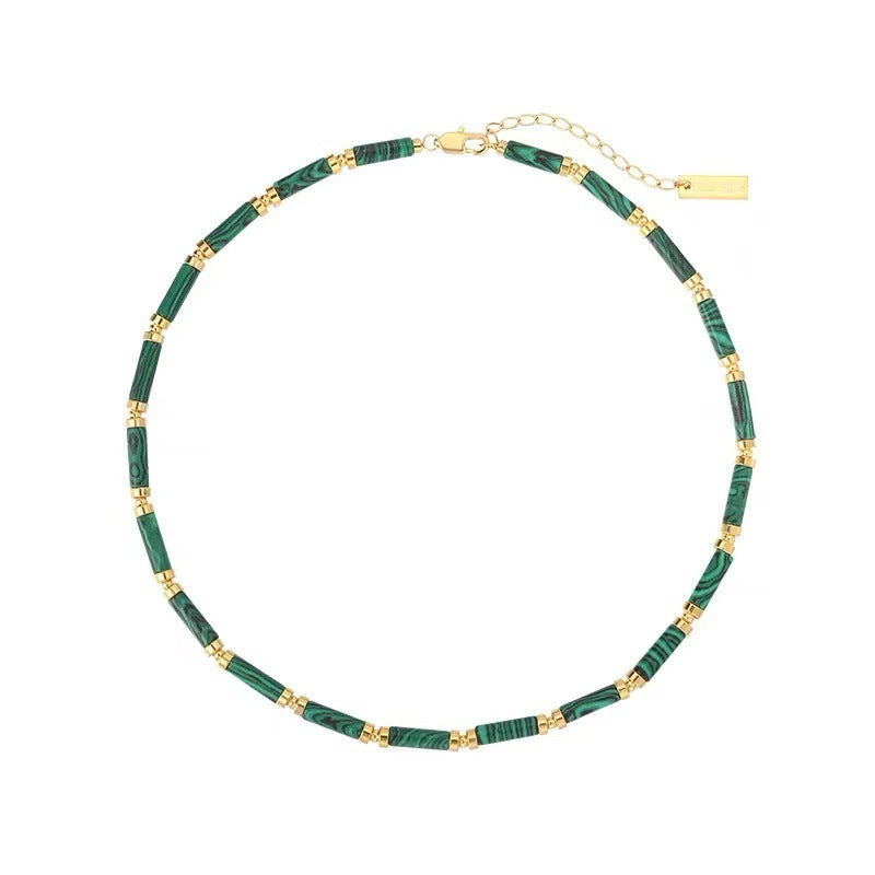 Natural Malachite Beaded Necklace for Women, Emerald Green Gemstone, Light Luxury Niche New Sweater Choker