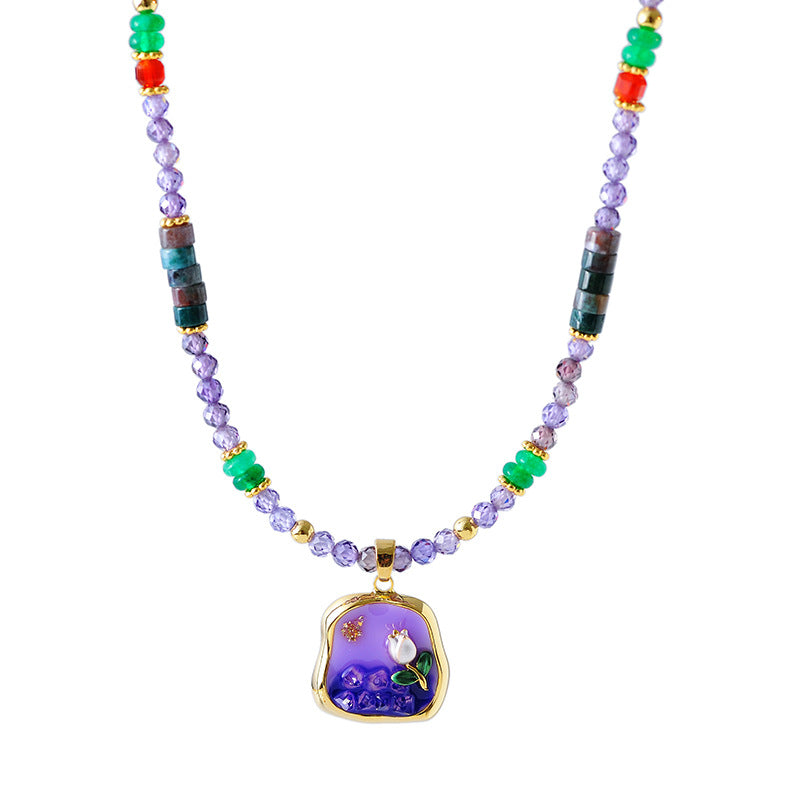 New Chinese Style Monet Garden Rich Purple Oil Painting Necklace Freshwater Pearl Oil Drop Flower Earrings Necklace for Women