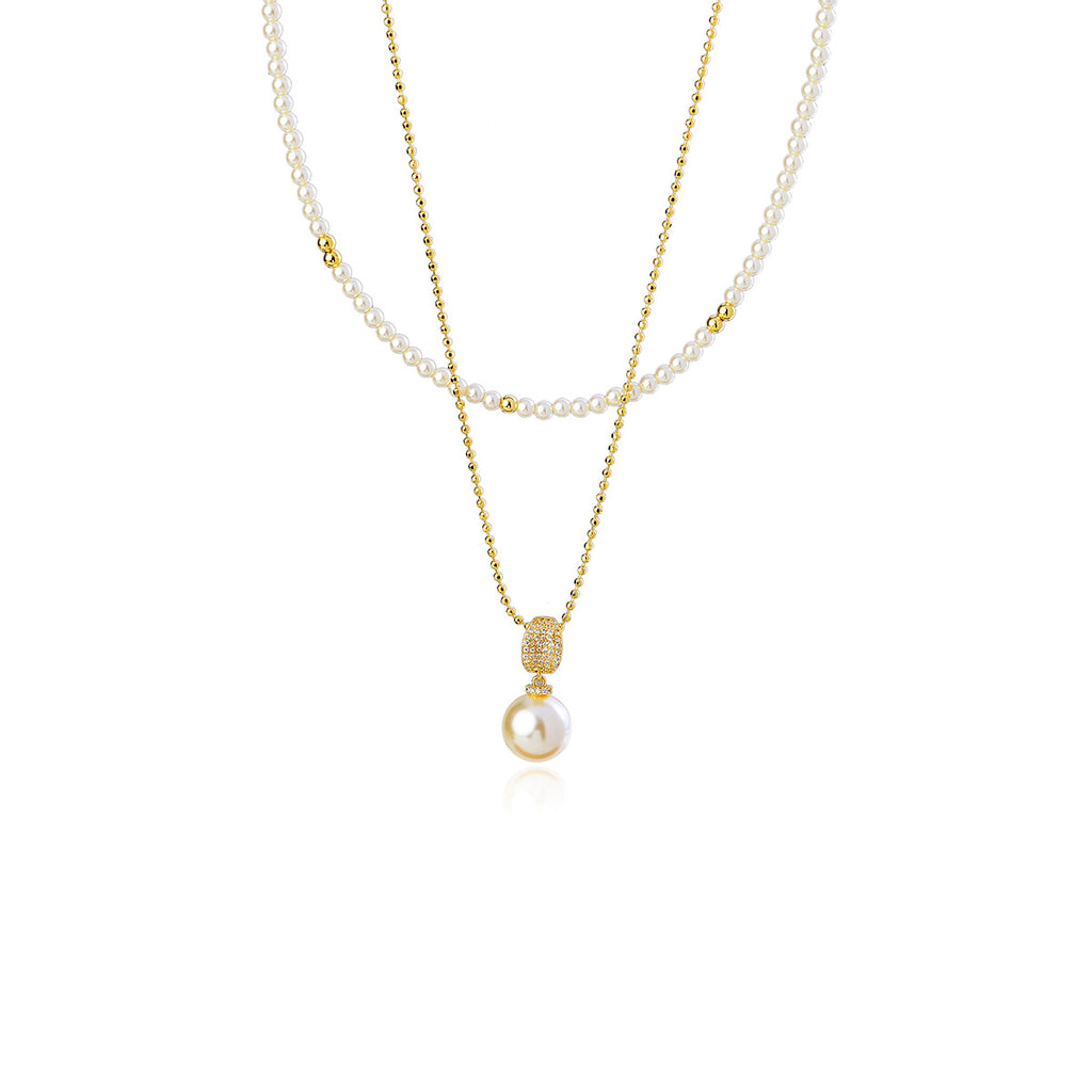 A Two-Way Necklace with Real Gold Plating and Double Layer Pearls, Elegant and Versatile Collarbone Chain