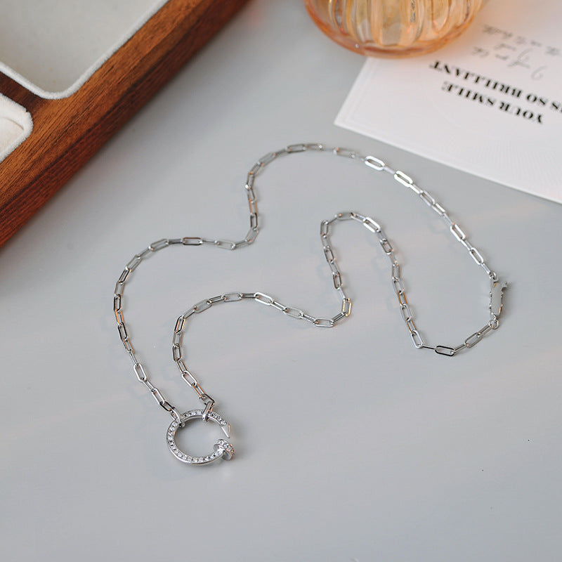 Chunky Nail Necklace for Women Full Diamond Round Ring Clavicle Chain Pure Silver Ins Trendy Men's Elegant Personality Versatile