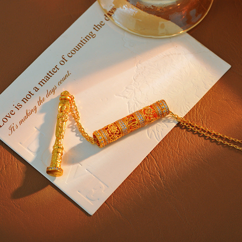 New Chinese Style Ancient Method Hollow Carved Inlaid Cylinder Necklace Eight Styles Portable Gold Buddha Necklace Prayer Wheel for Men and Women Couples